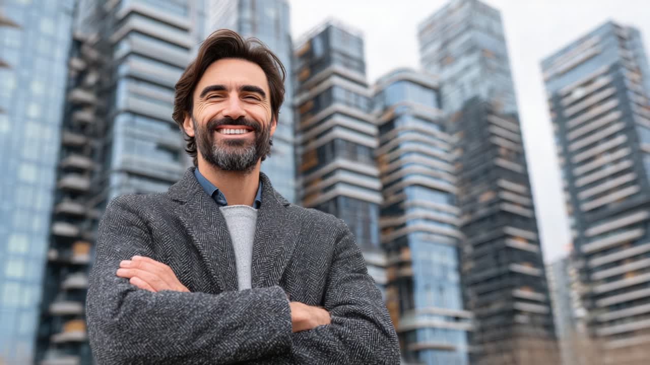 Confident Man Smiling Against Modern Urban Background: A Depiction of Professionalism and Positivity in a Contemporary Cityscape Setting