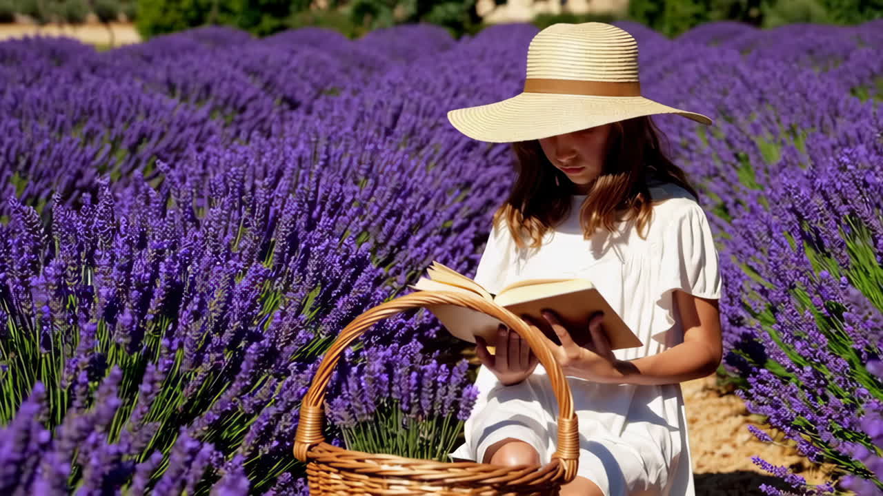 Girl Reading a Book in a Lavender Field