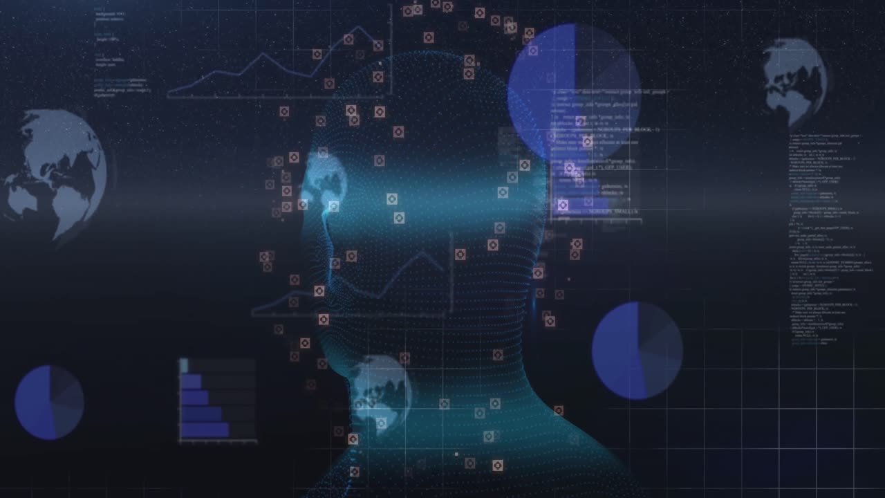 Animation of human head and data processing over digital screen