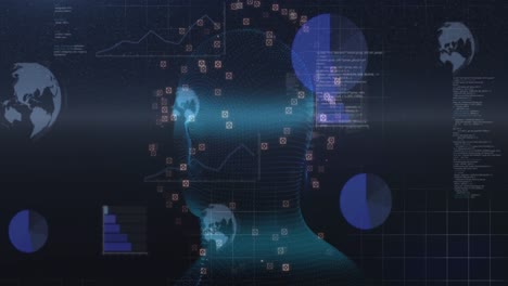 animación de la cabeza humana y procesamiento de datos en pantalla digital