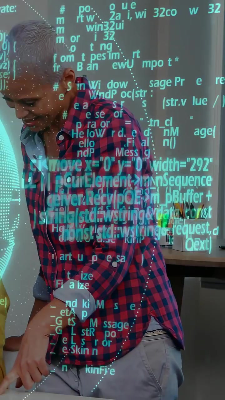 Video verticale: Donna che si china sulla scrivania, bambino che indica e guida l'apprendimento mentre un ologramma color verde acqua si muove.