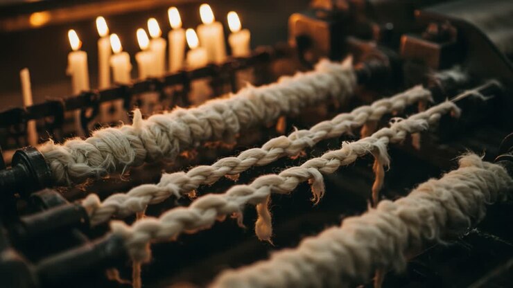 Artigianalità complessa: primo piano di fili di fibra intrecciati illuminati dalla luce soffusa di una candela in un laboratorio artigianale