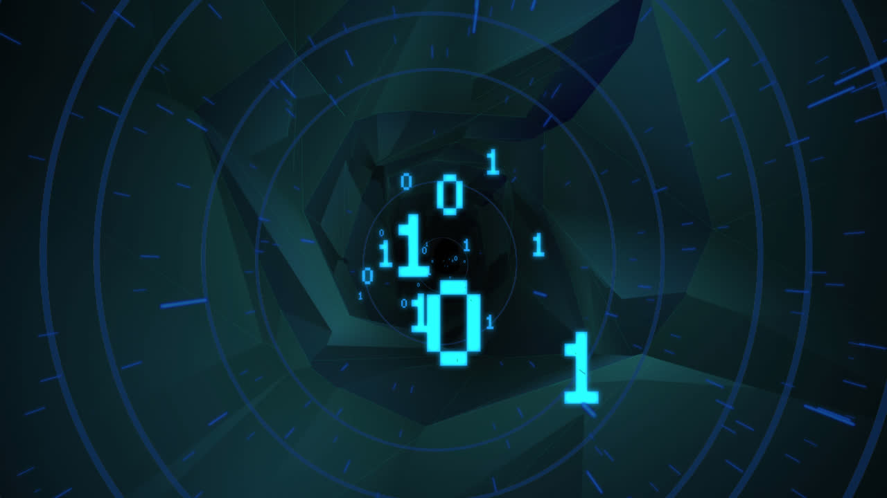 animación de pantalla digital con código binario y formas