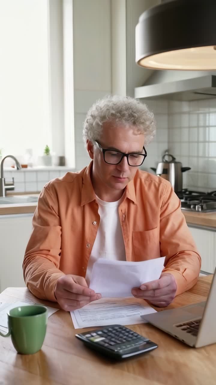 Adult man in glasses reviews documents in the kitchen of his home.