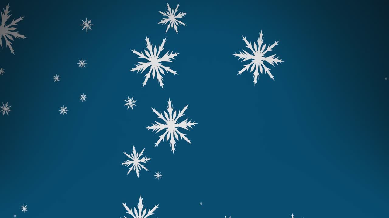 Digital animation of snowflakes icons falling against copy space on blue background