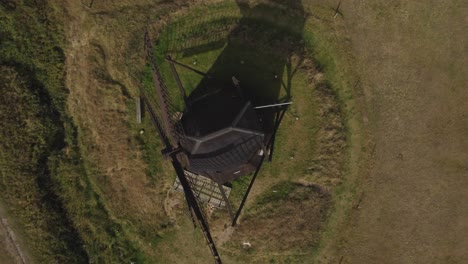 Faddersbol-Molle,-Thisted,-Denmark---A-Sight-of-a-Vintage-Windmill---Aerial-Topdown-Shot