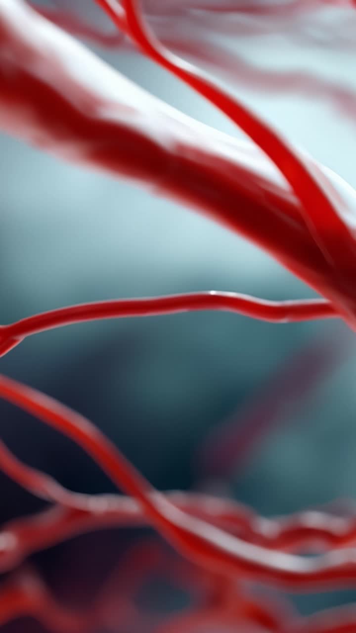 Un'esplorazione ravvicinata di intricate strutture dei vasi sanguigni che evidenzia la complessa rete del sistema circolatorio umano con dettagli straordinari e colori vivaci.