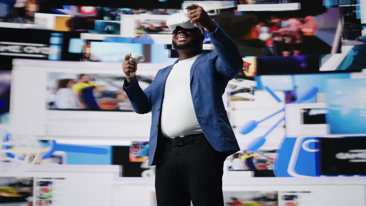 African american influencer using virtual reality glasses in mobile apps world