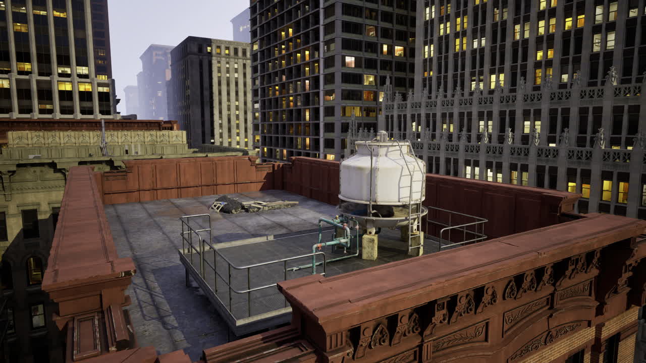 Rooftop view of urban buildings with industrial structures under evening light