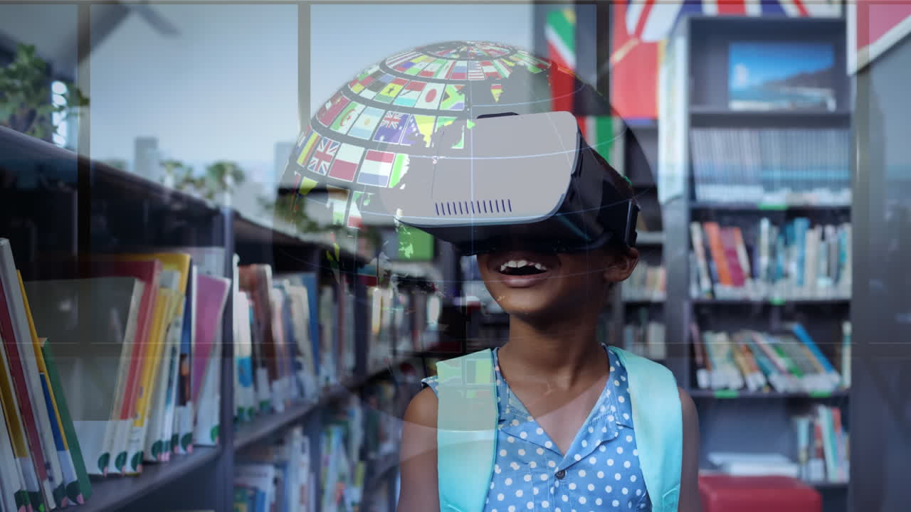 usando auriculares vr, niño explorando la realidad virtual en las estanterías de las bibliotecas