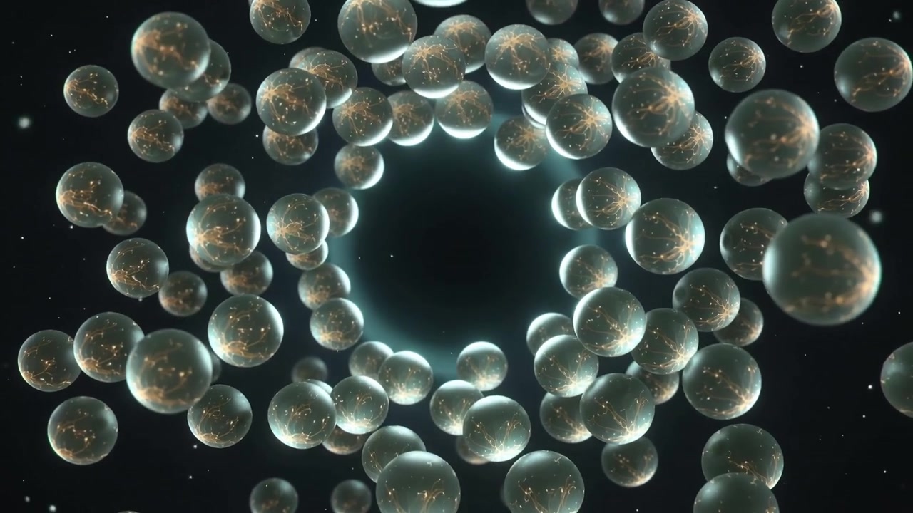 Rotating teal torus moving in deep void as camera dolly starting, revealing cyan rim, gold flecks