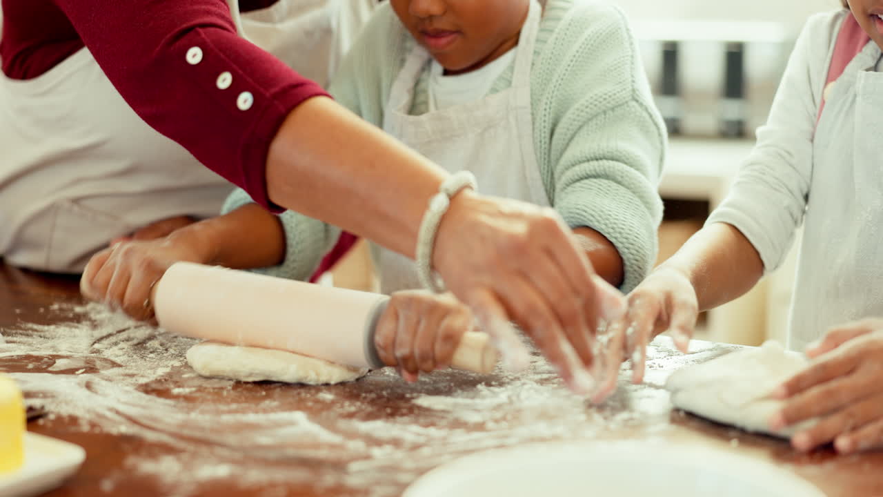 Dough, hands and closeup of family baking