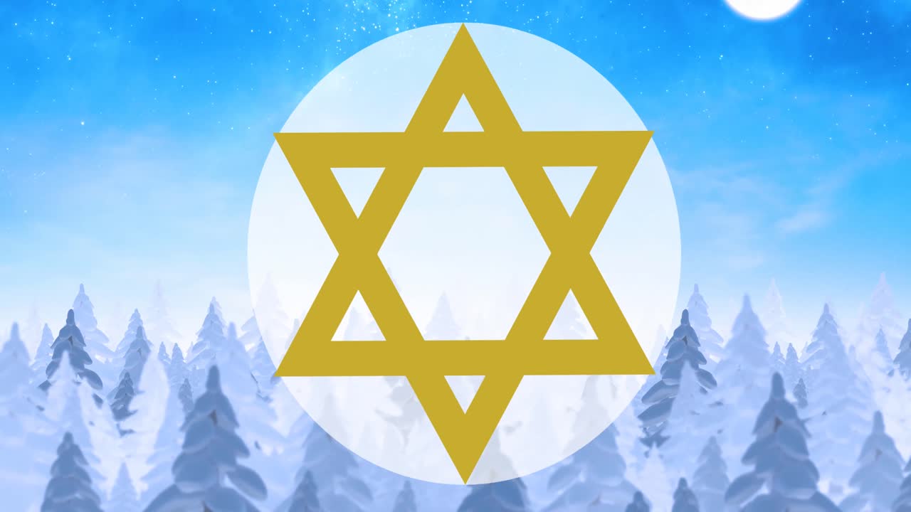 Animation of david's star in white circle over winter scenery