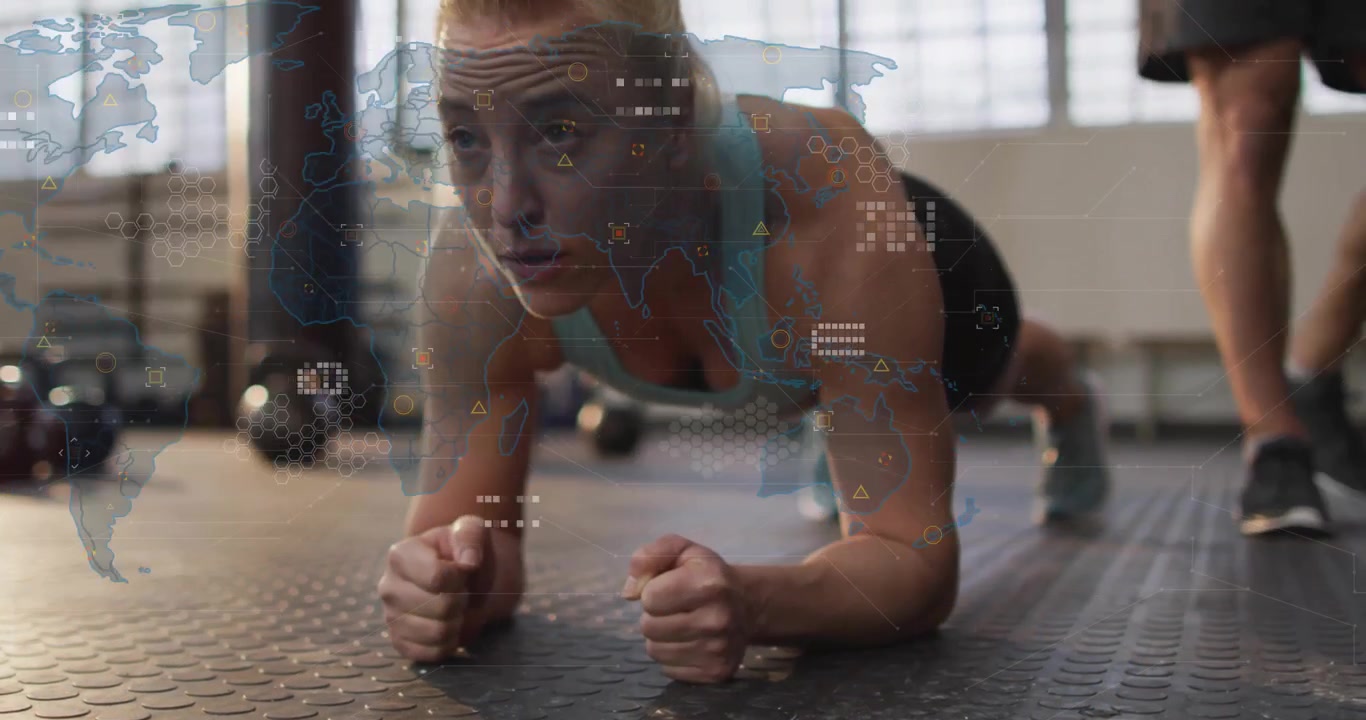 Fitness client moving into elbow plank and initiating translucent world map for data visualization