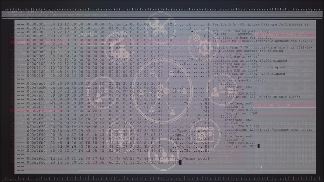 Animation of network of digital icons over data processing against black background
