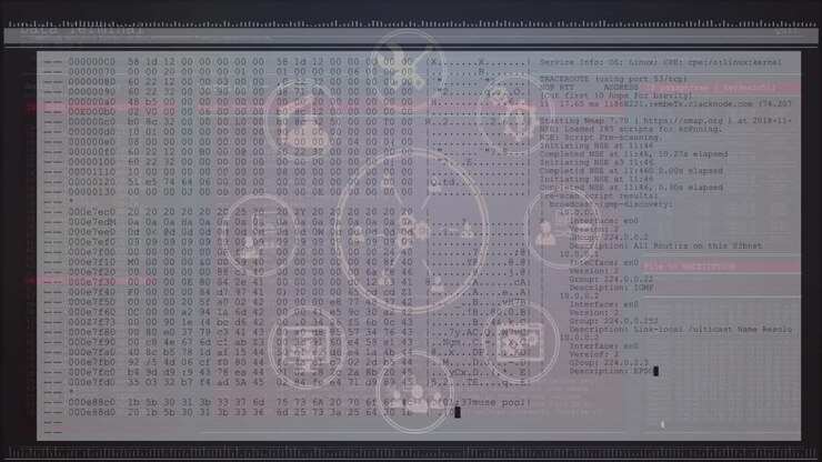 Animation of network of digital icons over data processing against black background