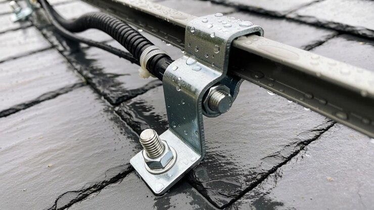 Panning camera revealing galvanized L-shaped bracket and rail on wet slate roof, inspecting conduit