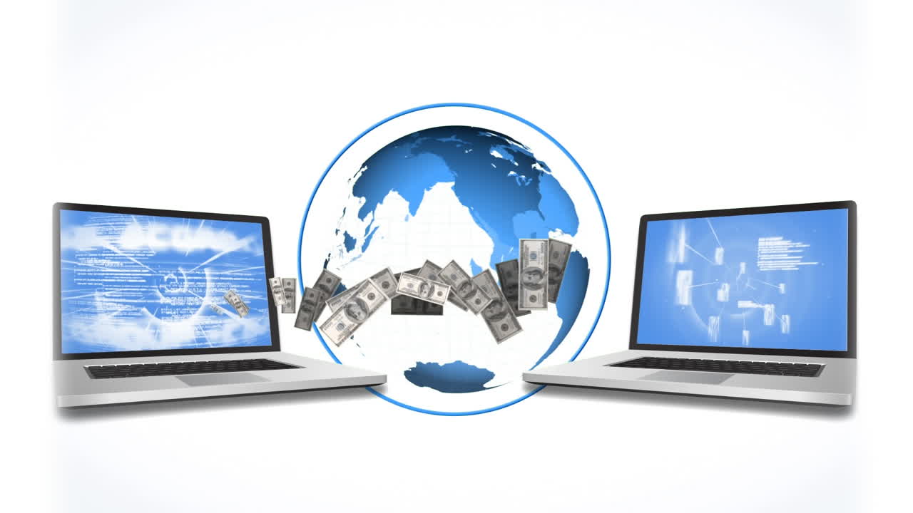 animación de computadoras portátiles y globo digital giratorio rodeado de dinero