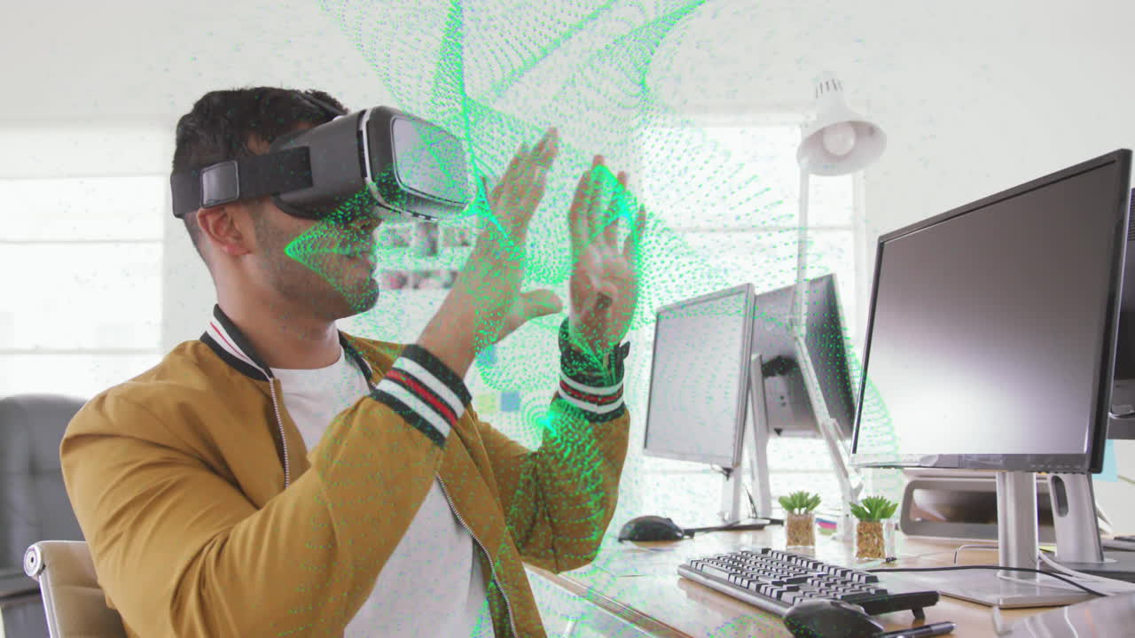 Using virtual reality headset, man interacting with digital animation in school