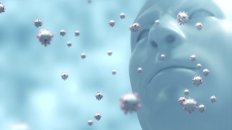 Animation af makro-coronavirusceller, der svæver over en 3D-menneskemodel i baggrunden. 4k