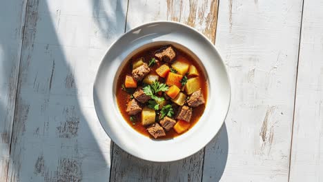 delicious homemade beef stew with vegetables on wooden table