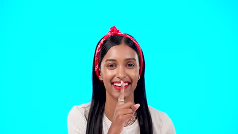 secret, face and happy woman with finger on lips