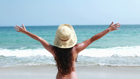vista trasera de una bonita morena de pie con los brazos extendidos