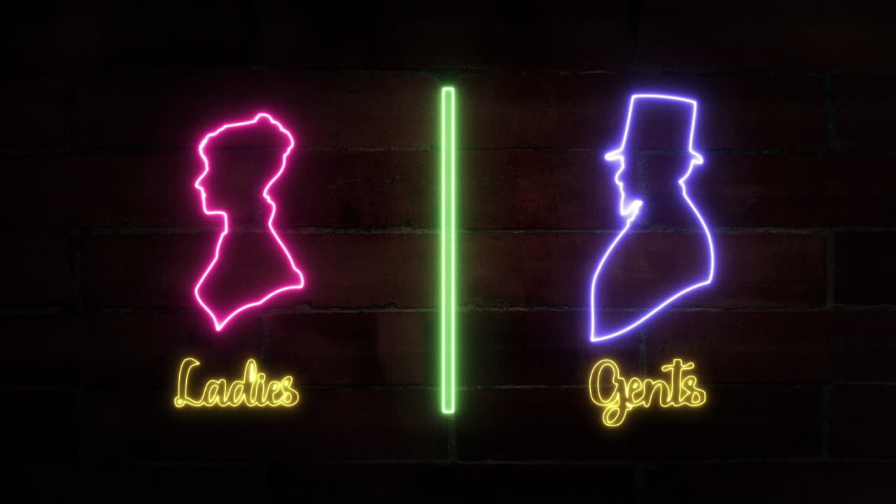 벽돌 벽 위에 레트로  ⁇ 박이는 네온 표지판, 지난 세기부터 여성과 남자의 모양으로, 녹색 바에 의해 분리되어, 화장실을 나타 ⁇ 니다