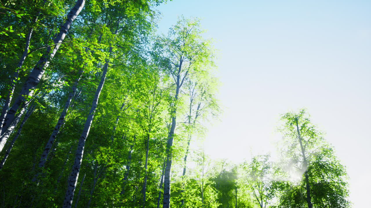 빛이 울창한 초록 숲을 가로질러 흐르고