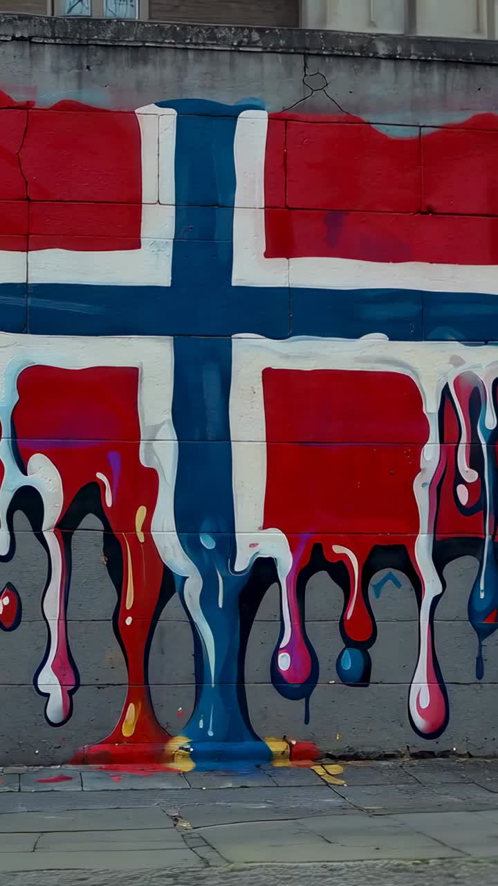 Video verticale: carrellata che mostra un murale rosso con croce blu a goccia su una parete lungo la strada per mostrare pozzanghere