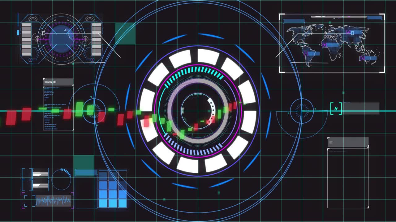 Circular HUD responding to candlestick stream entering left, rotating and pulsing, visualizing data