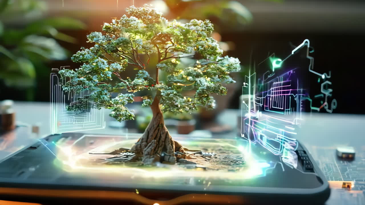 A small tree is planted in a small pot on a table. The tree is surrounded by a small amount of dirt and has a few leaves. Concept of growth and life, as the tree is planted