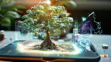 a small tree is planted in a small pot on a table. the tree is surrounded by a small amount of dirt and has a few leaves. concept of growth and life, as the tree is planted