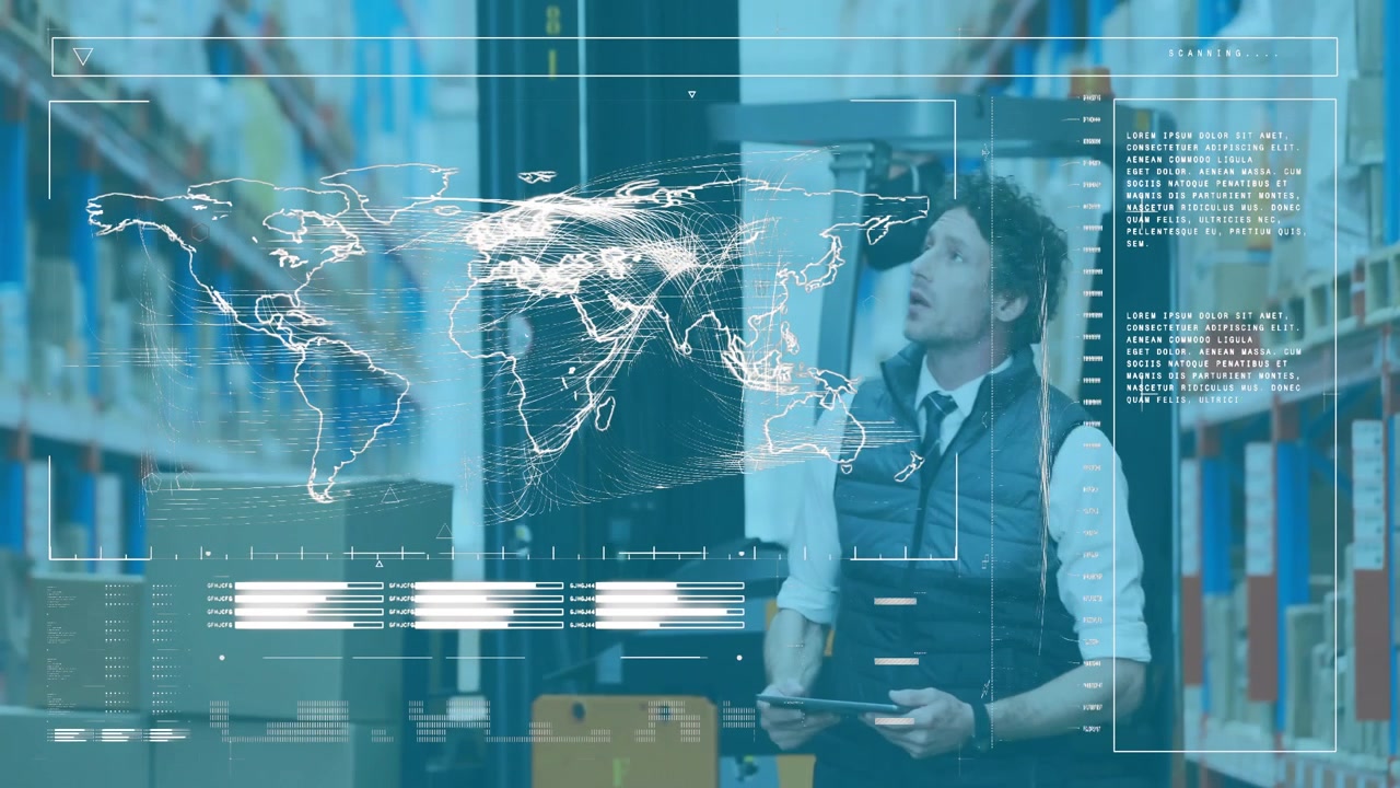 Warehouse operator riding forklift scanning shelves with tablet and initiating world map overlay