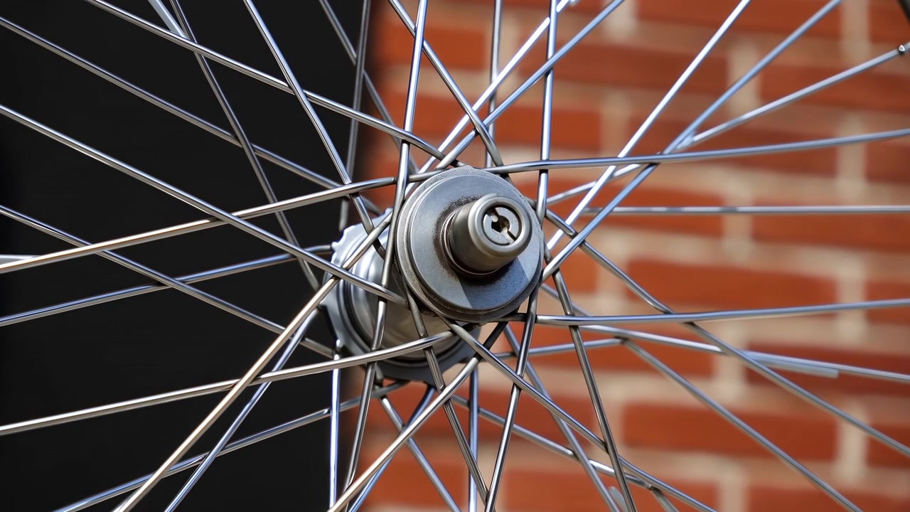 Primo piano dettagliato di una ruota di bicicletta con un mozzo metallico centrato e raggi intersecanti, su uno sfondo sfocato di un muro di mattoni in luce naturale.