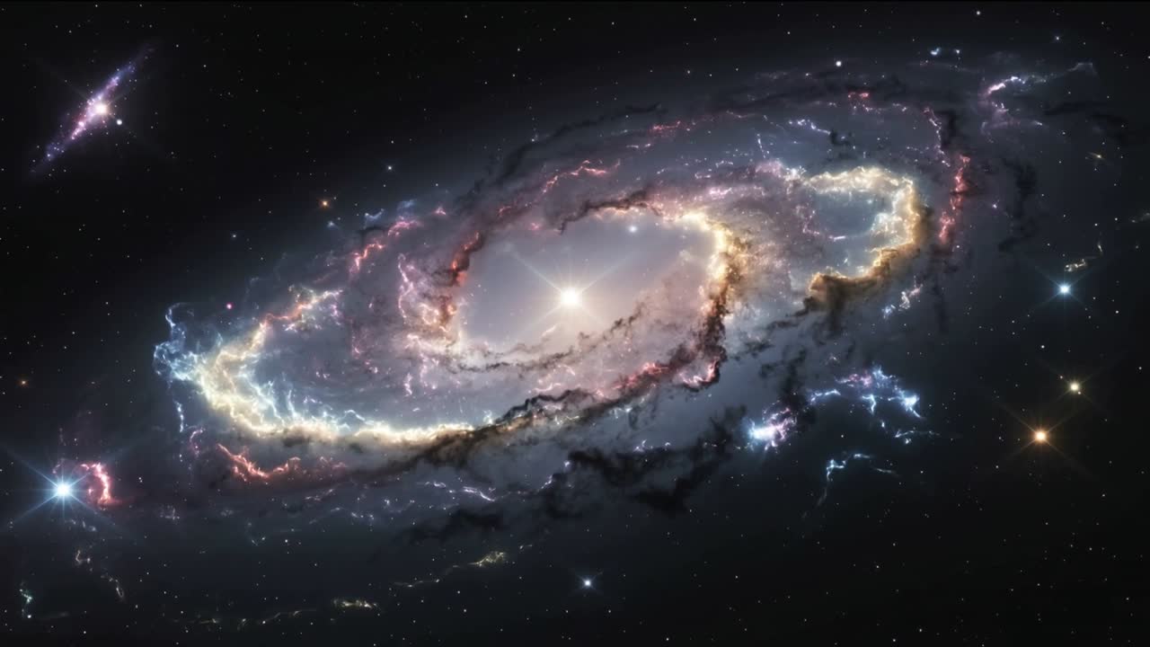 Telecamera in panoramica su una galassia a spirale, che ruota lentamente e mostra bracci, satelliti e nebulosità per l'astronomia.