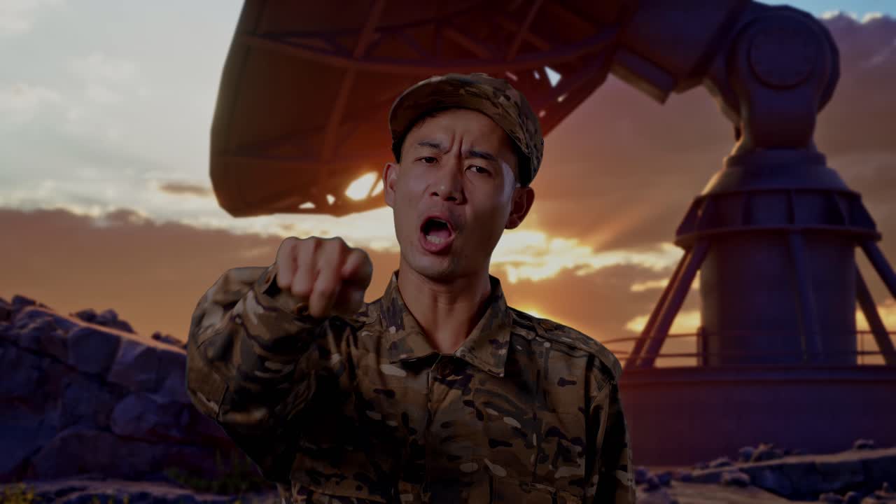 Close Up Of Asian Man Soldier Shouting To Camera While Standing With Satellite Dish