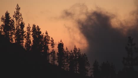 Evening-landscape-with-clouds-rising-over-mountains-with-trees