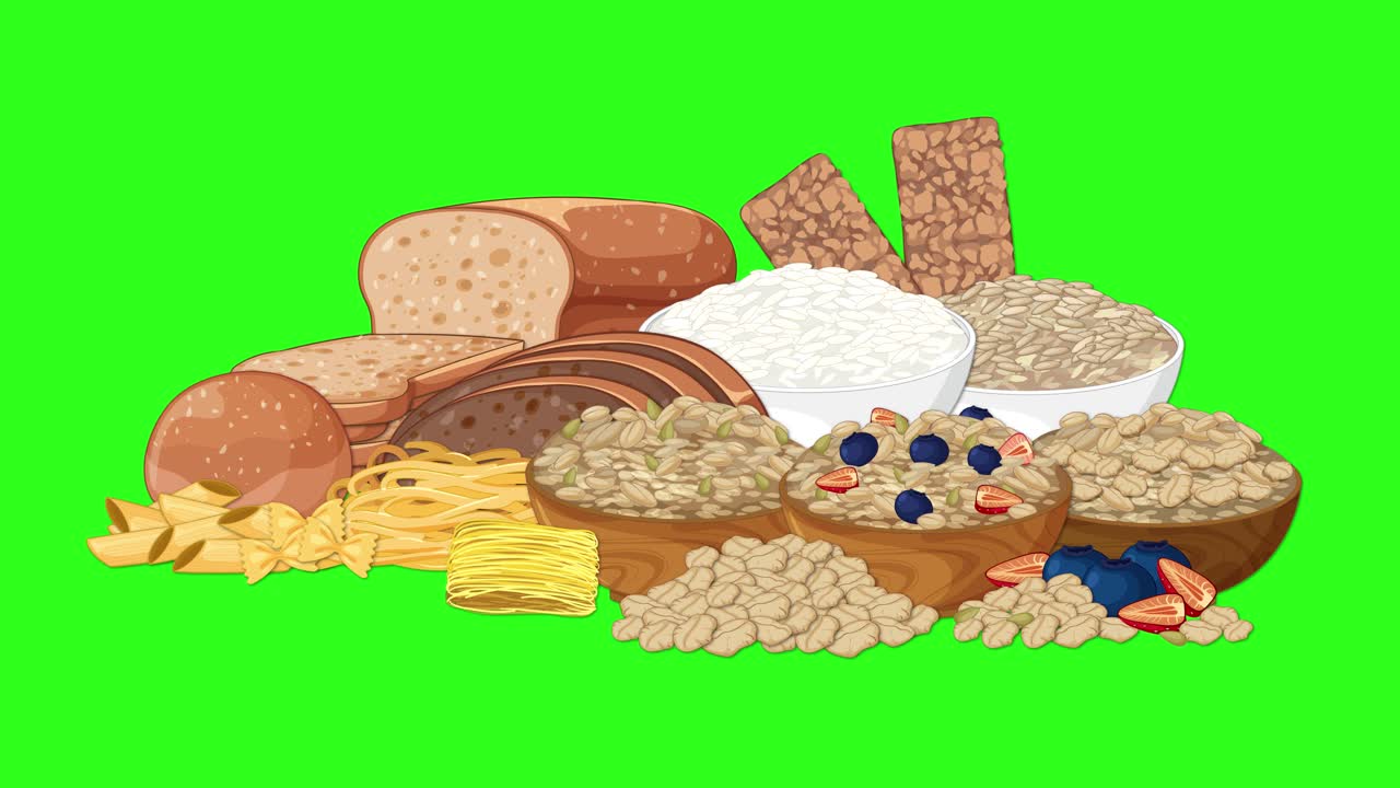 A static digital illustration of various grains, breads, and cereals arranged in a pile, set against a vibrant green background, with no visible movement or transitions