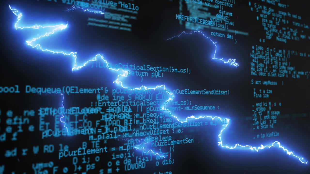 Animation of glowing blue lightning flashes over information processing on dark screen