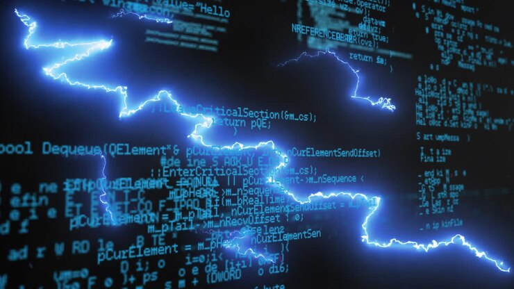 Animation of glowing blue lightning flashes over information processing on dark screen