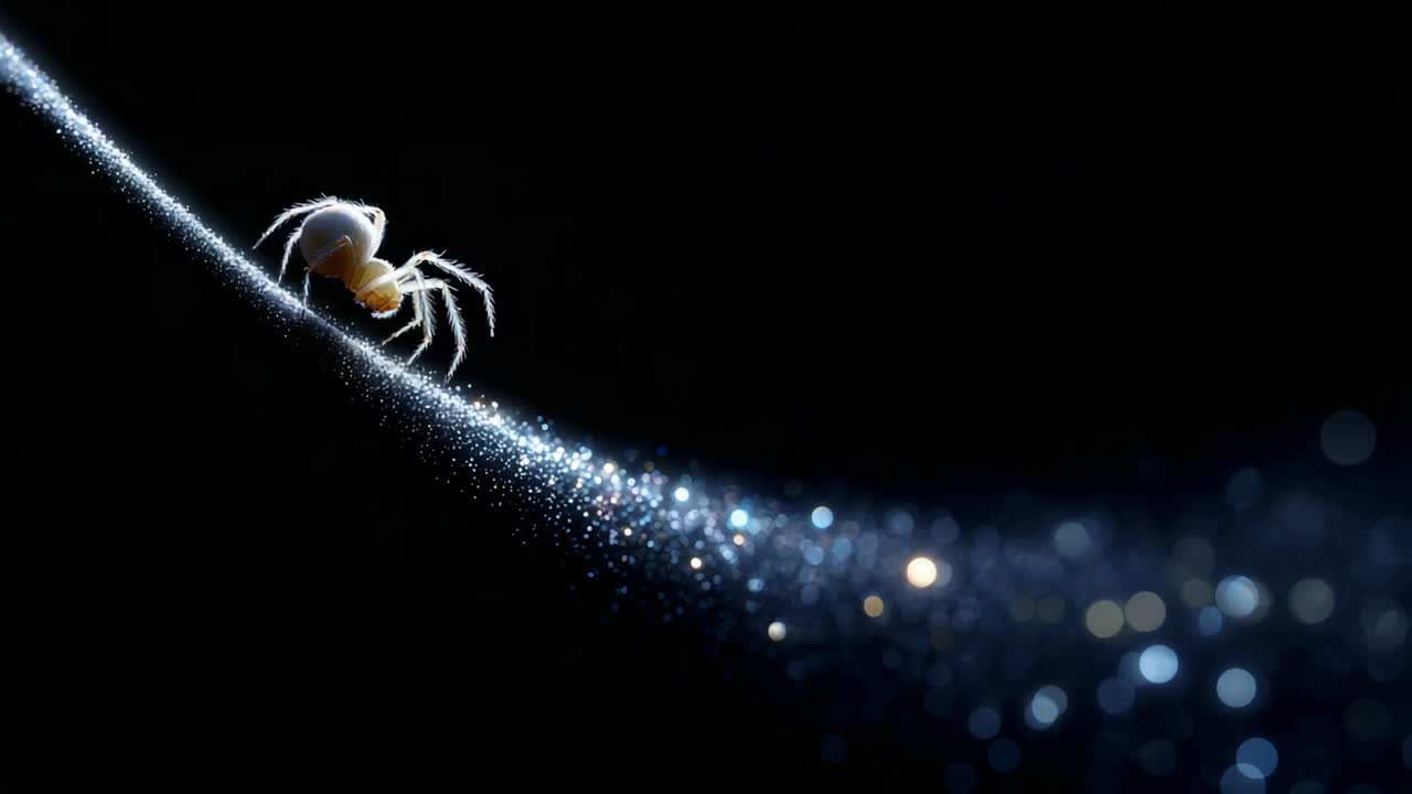 A Glimmering World: Captivating Close-Up of a Spider Navigating a Sparkling Fiber in an Enchanting Dark Environment, Showcasing its Intricate Movement and Natural Beauty