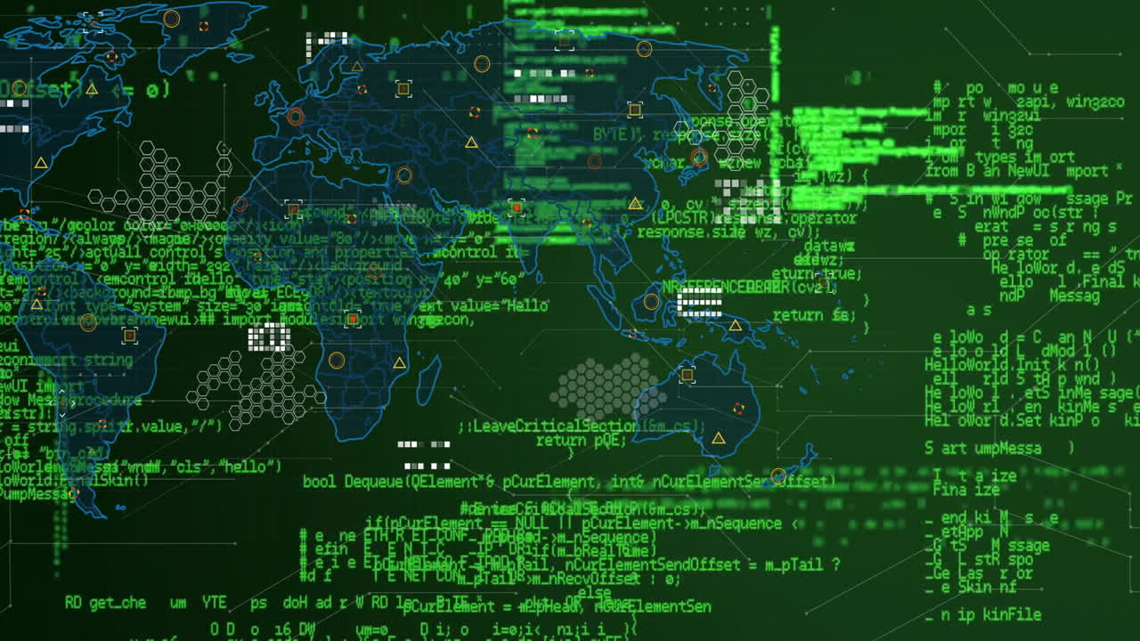 Digital world map with green coding and data processing animation overlay