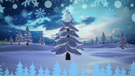 Mehrere-Weihnachtsbaumsymbole-Gegen-Schnee,-Der-Auf-Mehrere-Bäume-In-Der-Winterlandschaft-Fällt