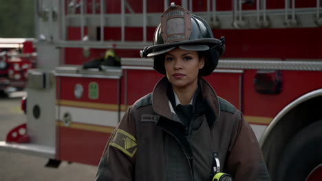 woman firefighter in front of a fire truck