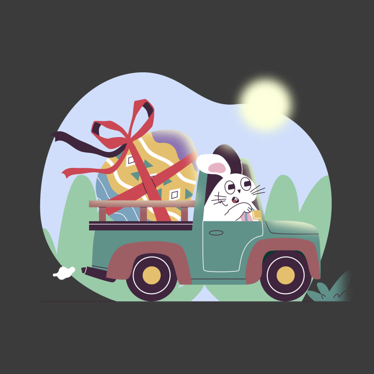 부활절 토끼가 부활절 달과 함께 트럭을 운전