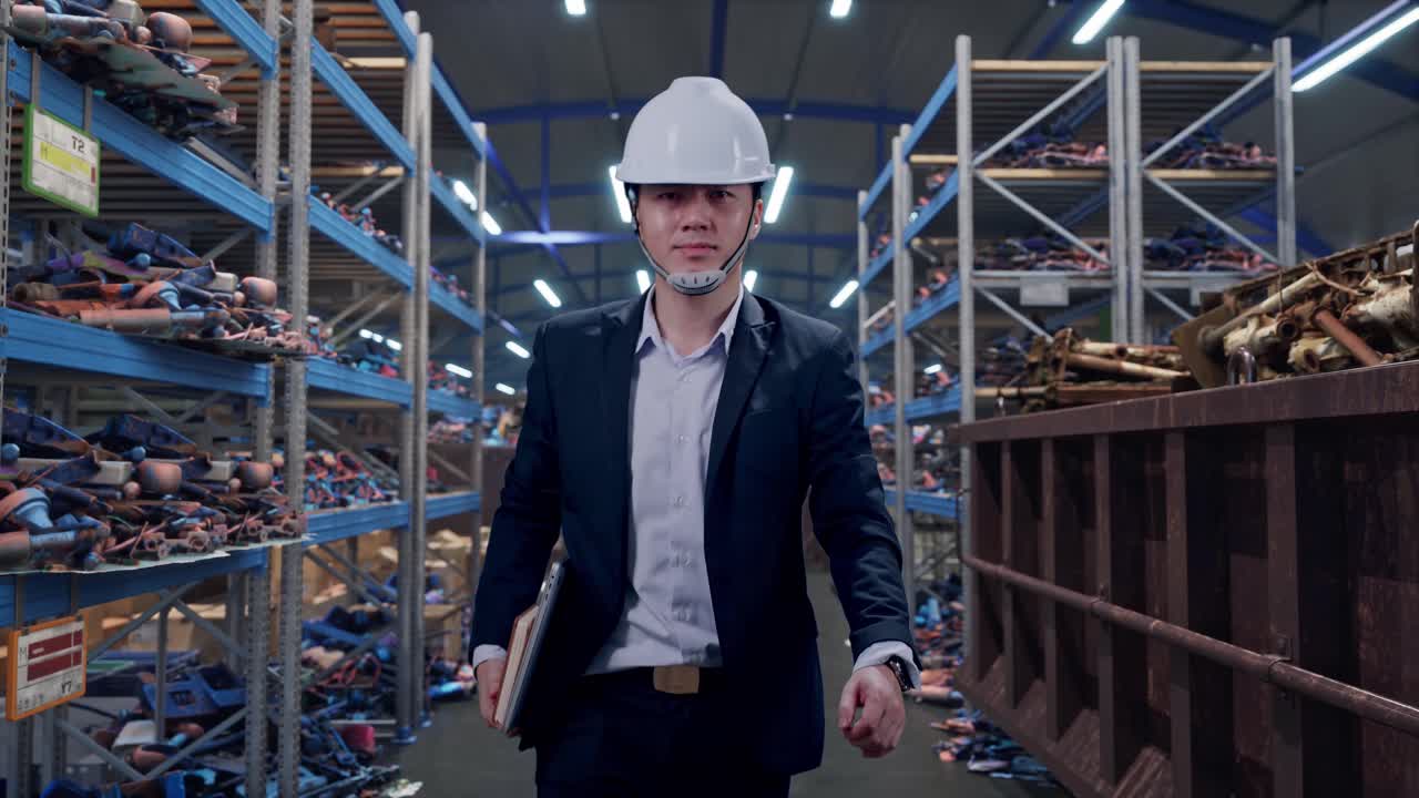 Vista frontale di un uomo d'affari asiatico che tiene un computer mentre cammina in un magazzino industriale di rottami metallici e riciclaggio.