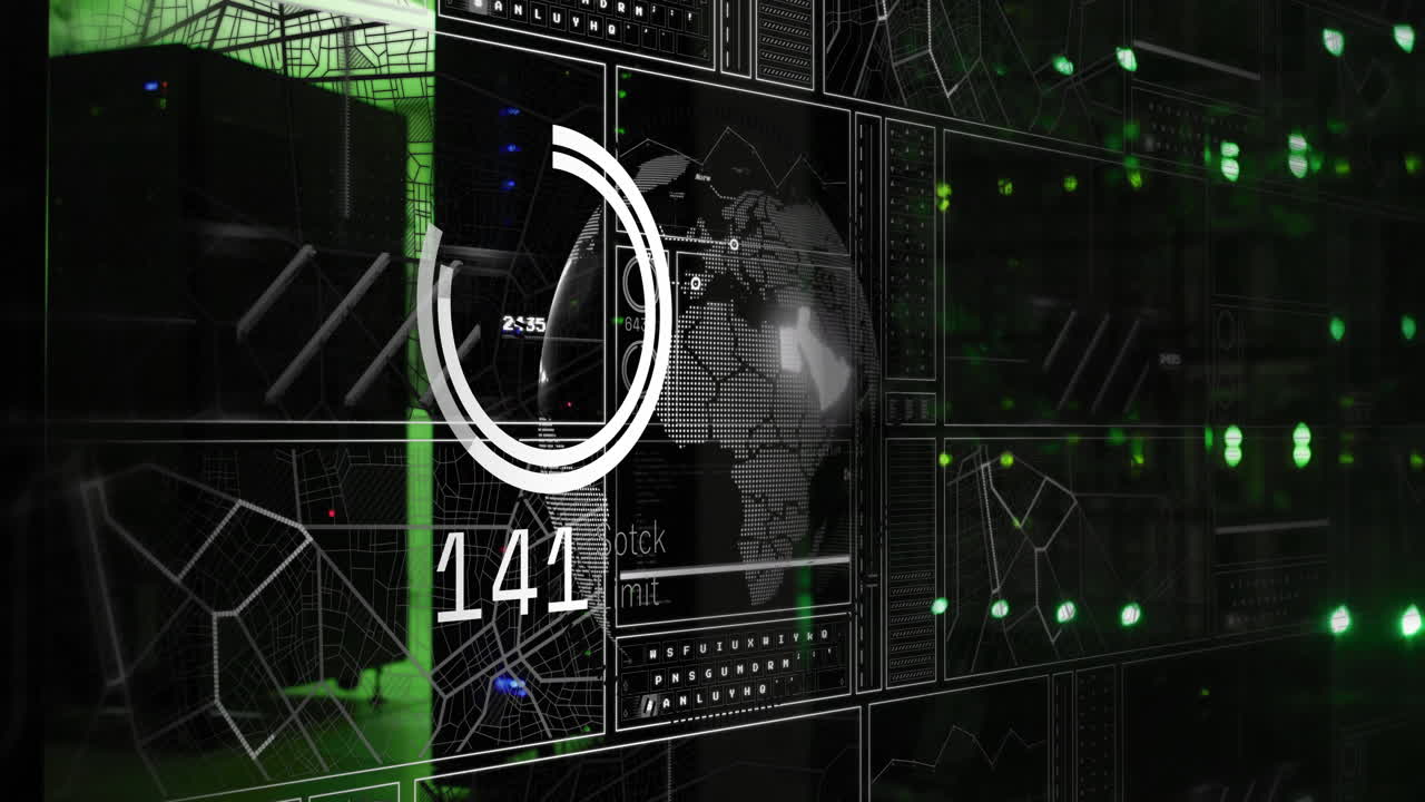 Digital data visualization over world map and graphs, futuristic interface animation