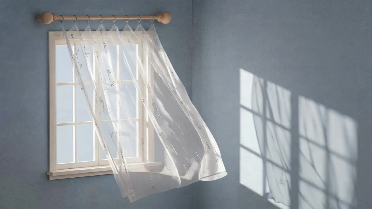 Morbida luce solare che filtra attraverso una tenda velata accanto a una finestra, proiettando ombre in movimento su una parete interna blu.