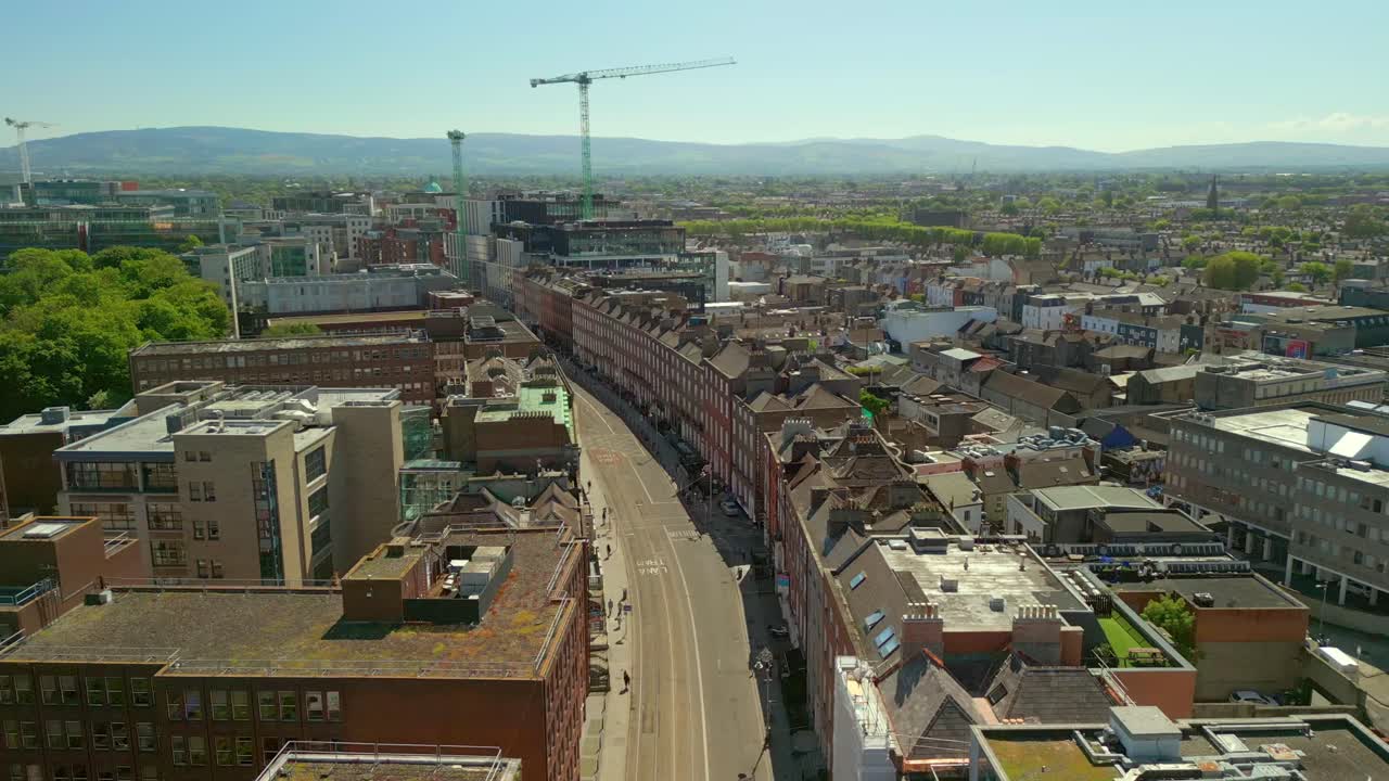 Forward travelling aerial of North Dublin City Centre, County Leinster. Filmed in 4K, 60fps and with Rec709 color.